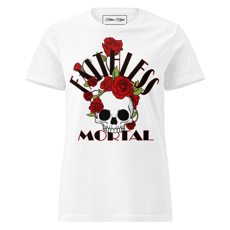 Women's Faithless Mortal Brand Atheist T-shirt on a white background